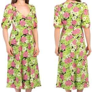 Wayf Green & Pink Floral Half Sleeve Midi Dress